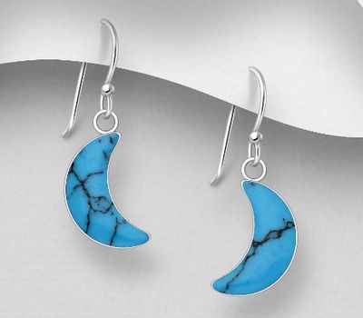 925 Sterling Silver Crescent Moon Hook Earrings, Decorated with Reconstructed Stone or Resin