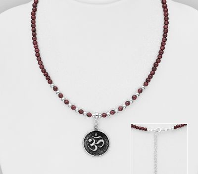 925 Sterling Silver Oxidized Om Sign Necklace Beaded With Various Gemstone Beads