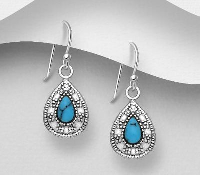 925 Sterling Silver Oxidized Droplet Hook Earrings, Decorated with Reconstructed Stone