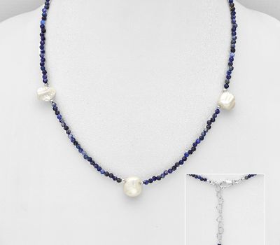 Şəkli böyütmək üçün tiklayın 925 Sterling Silver Beaded Necklace, Beaded with Freshwater Pearls and Gemstone Beads