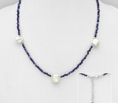 925 Sterling Silver Beaded Necklace, Beaded with Freshwater Pearls and Gemstone Beads