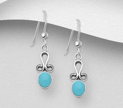 925 Sterling Silver Oxidized Hook Earrings, Decorated with Reconstructed Sky-Blue Turquoise or Various Gemstones