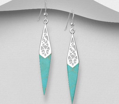 925 Sterling Silver Push-Back Earrings, Decorated with Reconstructed Turquoise
