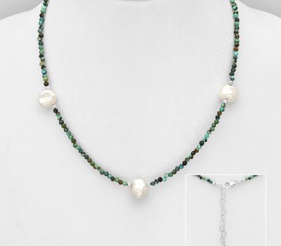 Şəkli böyütmək üçün tiklayın 925 Sterling Silver Beaded Necklace, Beaded with Freshwater Pearls and Gemstone Beads