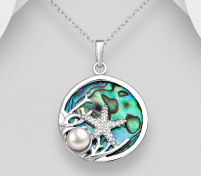 Şəkli böyütmək üçün tiklayın 925 Sterling Silver Starfish and Coral Pendant, Decorated with Freshwater Pearl and Shell