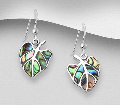 925 Sterling Silver Leaf Hook Earrings, Decorated with Shell