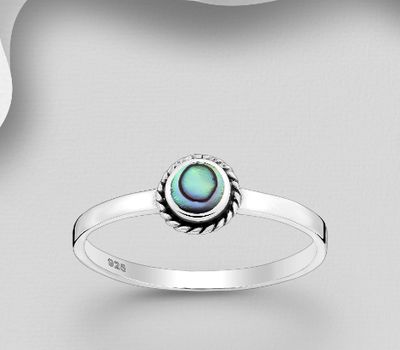 925 Sterling Silver Oxidized Circle Ring, Decorated with Shell