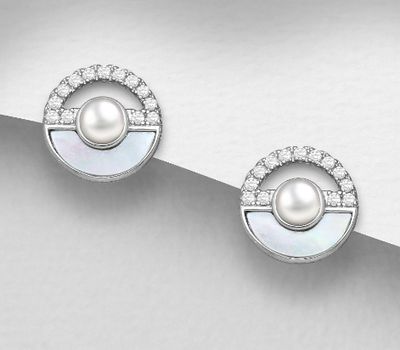 925 Sterling Silver Circle Push-Back Earrings, Decorated with Simulated Pearls, Shell and CZ Simulated Diamonds