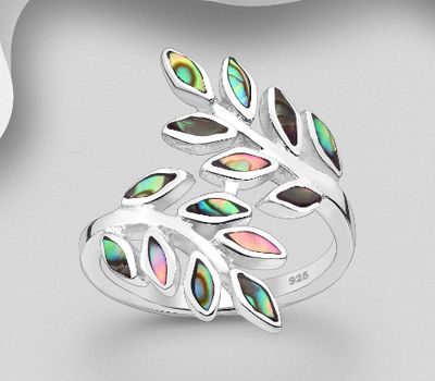 925 Sterling Silver Adjustable Leaf Ring, Decorated with Shell