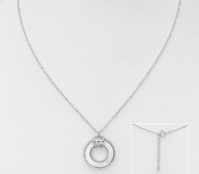 925 Sterling Silver Circle Necklace, Decorated with CZ Simulated Diamonds and Shell