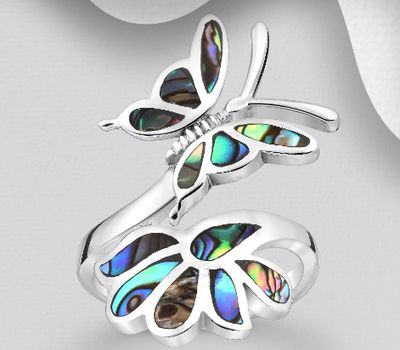 925 Sterling Silver Adjustable Butterfly Ring, Decorated with Shell
