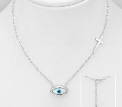 925 Sterling Silver Necklace Featuring Cross And Evil Eye Decorated With Shell And Colored Enamel
