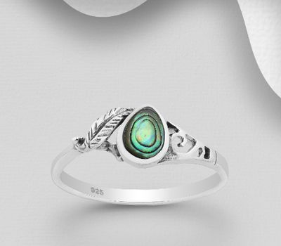 Şəkli böyütmək üçün tiklayın 925 Sterling Silver Oxidized Leaf and Swirl Ring Decorated with Pear-Shaped Shell