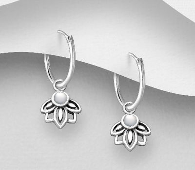 925 Sterling Silver Oxidized Flower Hoop Earrings, Decorated with Shell