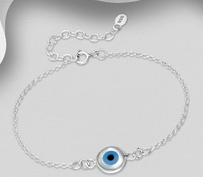 925 Sterling Silver Bracelet Featuring Evil Eye Decorated With Colored Enamel And Shell