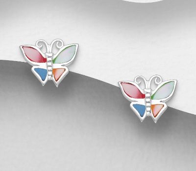925 Sterling Silver Butterfly Push-Back Earrings Decorated With Shell