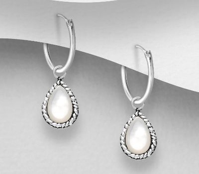 925 Sterling Silver Hoop Earrings Decorated With Shell