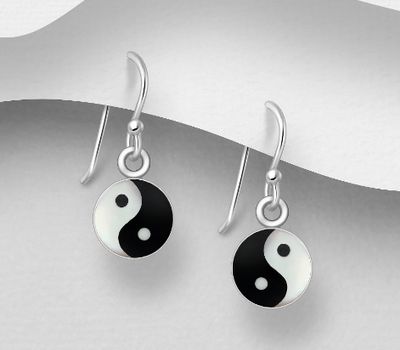 925 Sterling Silver Yin-Yang Hook Earrings, Decorated with Resin and Shell