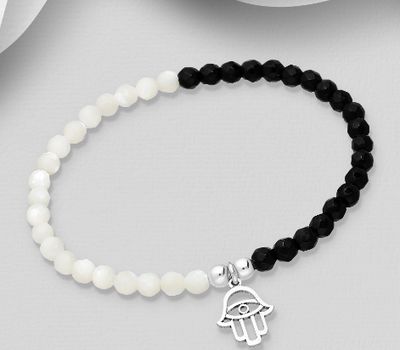 925 Sterling Silver Hamsa Bracelet, Beaded with Shell and Onyx