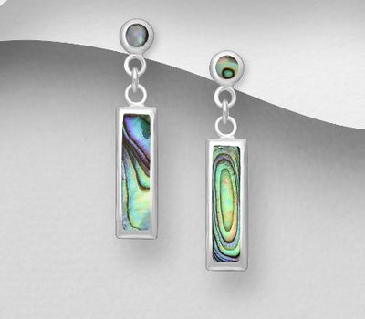 925 Sterling Silver Rectangle Push-Back Earrings, Decorated with Shell