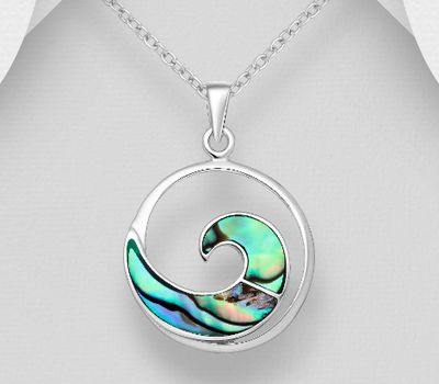 925 Sterling Silver Wave Pendant, Decorated with Shell