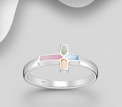925 Sterling Silver Cross Ring, Decorated with Colorful Shell
