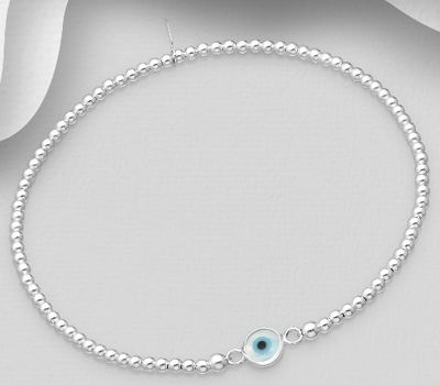 Şəkli böyütmək üçün tiklayın 925 Sterling Silver Ball & Evil Eye Stretch Bracelet Decorated With Colored Enamel & Shell