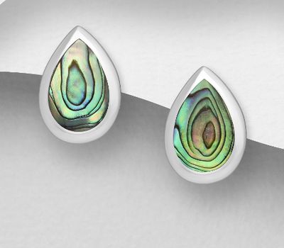 925 Sterling Silver Droplet Push-Back Earrings, Decorated with Shell