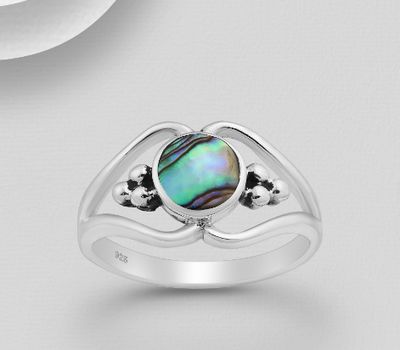 925 Sterling Silver Oxidized Ball Ring Decorated with Shell
