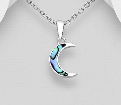 925 Sterling Silver Crescent Moon Pendant, Decorated with Shell