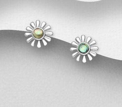 925 Sterling Silver Flower Push-Back Earrings, Decorated with Shell