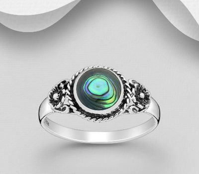 925 Sterling Silver Oxidized Flower Ring, Decorated with Shell