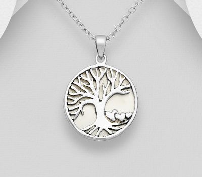 925 Sterling Silver Tree of Life Pendant, Featuring Heart, Decorated with Shell