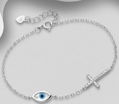 925 Sterling Silver Cross & Eye Bracelet Decorated With CZ & Shell