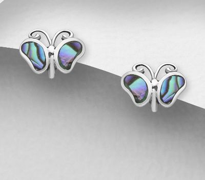 925 Sterling Silver Butterfly Push-Back Earrings, Decorated with Shell