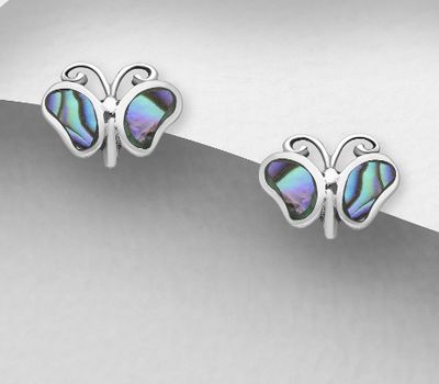 Şəkli böyütmək üçün tiklayın 925 Sterling Silver Butterfly Push-Back Earrings, Decorated with Shell