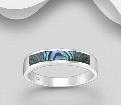 925 Sterling Silver Band Ring, Decorated with Shell, 4 mm Wide