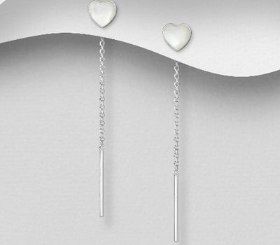 925 Sterling Silver Heart Threader Earrings, Decorated with Shell