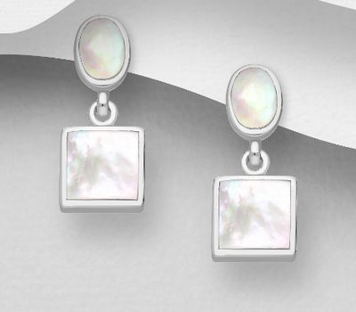 925 Sterling Silver Square and Oval Push-Back Earrings, Decorated with Shell