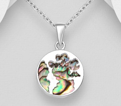 925 Sterling Silver World's Map Pendant Decorated With Shell