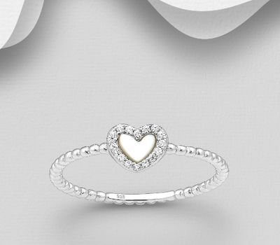 925 Sterling Silver Heart Ring, Decorated with CZ Simulated Diamonds and Shell