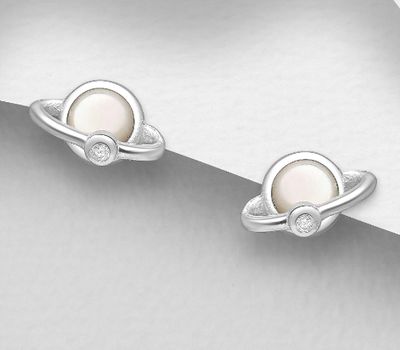 Şəkli böyütmək üçün tiklayın 925 Sterling Silver Saturn Push-Back Earrings, Decorated with Shell and CZ Simulated Diamonds