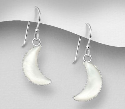925 Sterling Silver Crescent Moon Hook Earrings, Decorated with Shell
