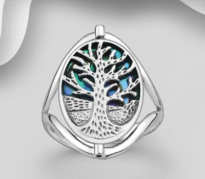 925 Sterling Silver Oxidized Tree Of Life Ring, Decorated with Shell