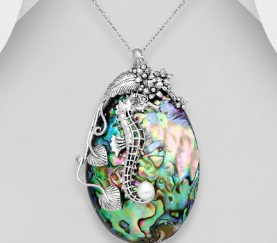 925 Sterling Silver Oval Pendant Featuring Flower, Leaf and Seahorse, Decorated with Shell and Freshwater Pearl