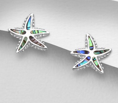 925 Sterling Silver Starfish Push-Back Earrings, Decorated with Shell