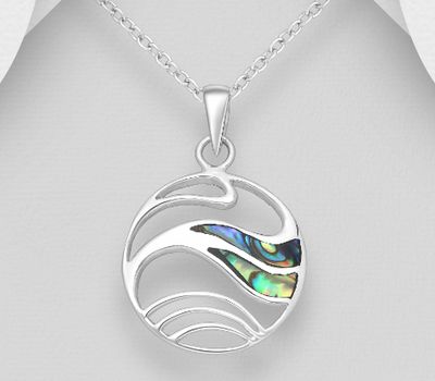 925 Sterling Silver Wave Pendant Decorated with Shell