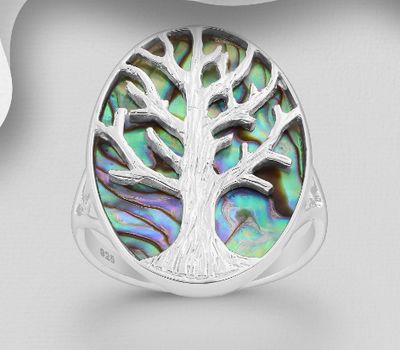 925 Sterling Silver Tree of Life Ring, Decorated with Shell