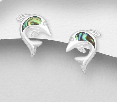 925 Sterling Silver Dolphin Push-Back Earrings, Decorated with Shell
