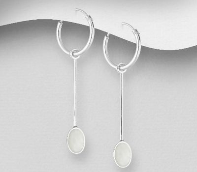 Şəkli böyütmək üçün tiklayın 925 Sterling Silver Hoop and Bar Earrings Decorated with Shell